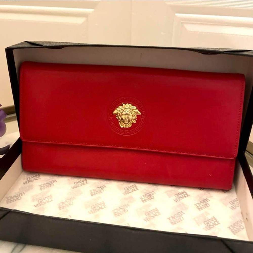 Versace Red Wallet with Gold Medusa Logo